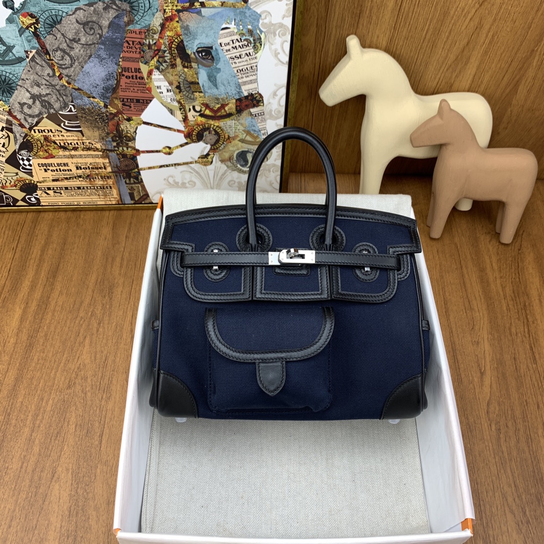 Hermes Cargo Birkin 25CM Limited Edition Canvas Handbag Dark Blue